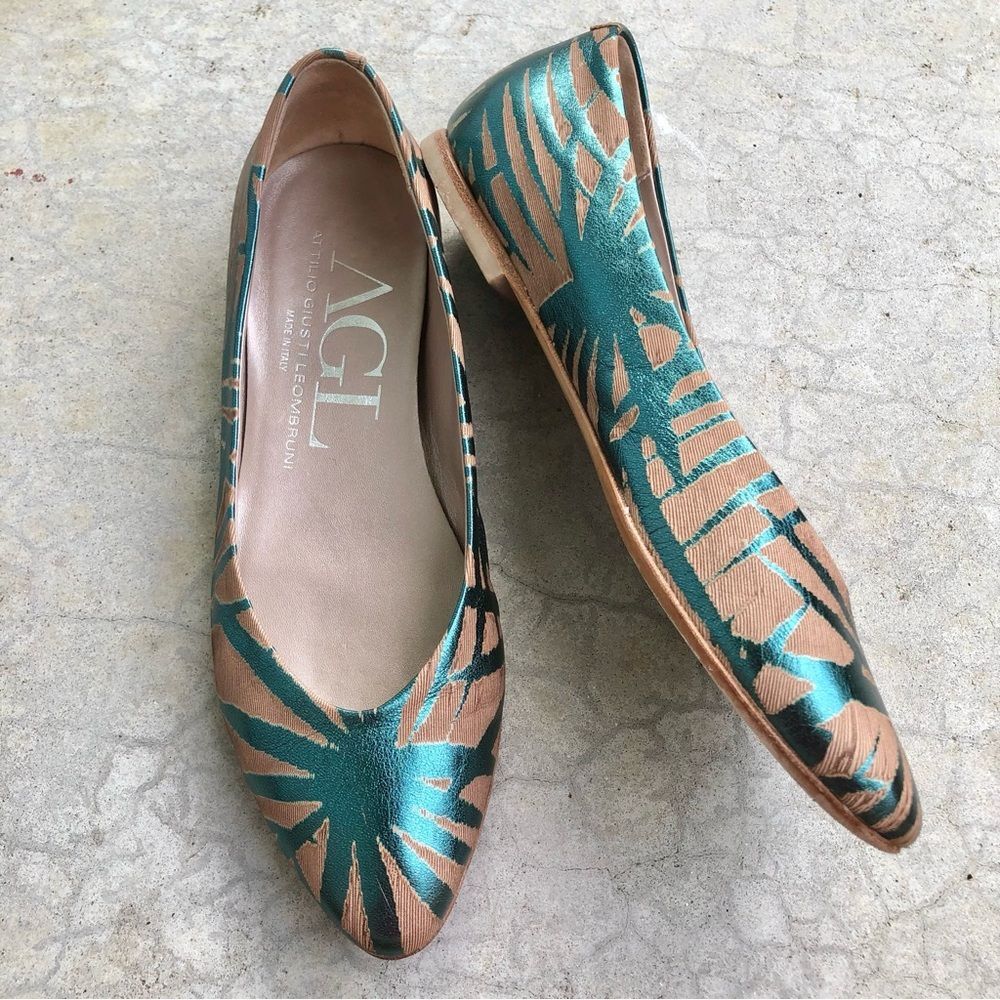 AGL Attilio Giusti Leombruni Teal Metallic Flats Green Tan Slip On Shoes EU 36